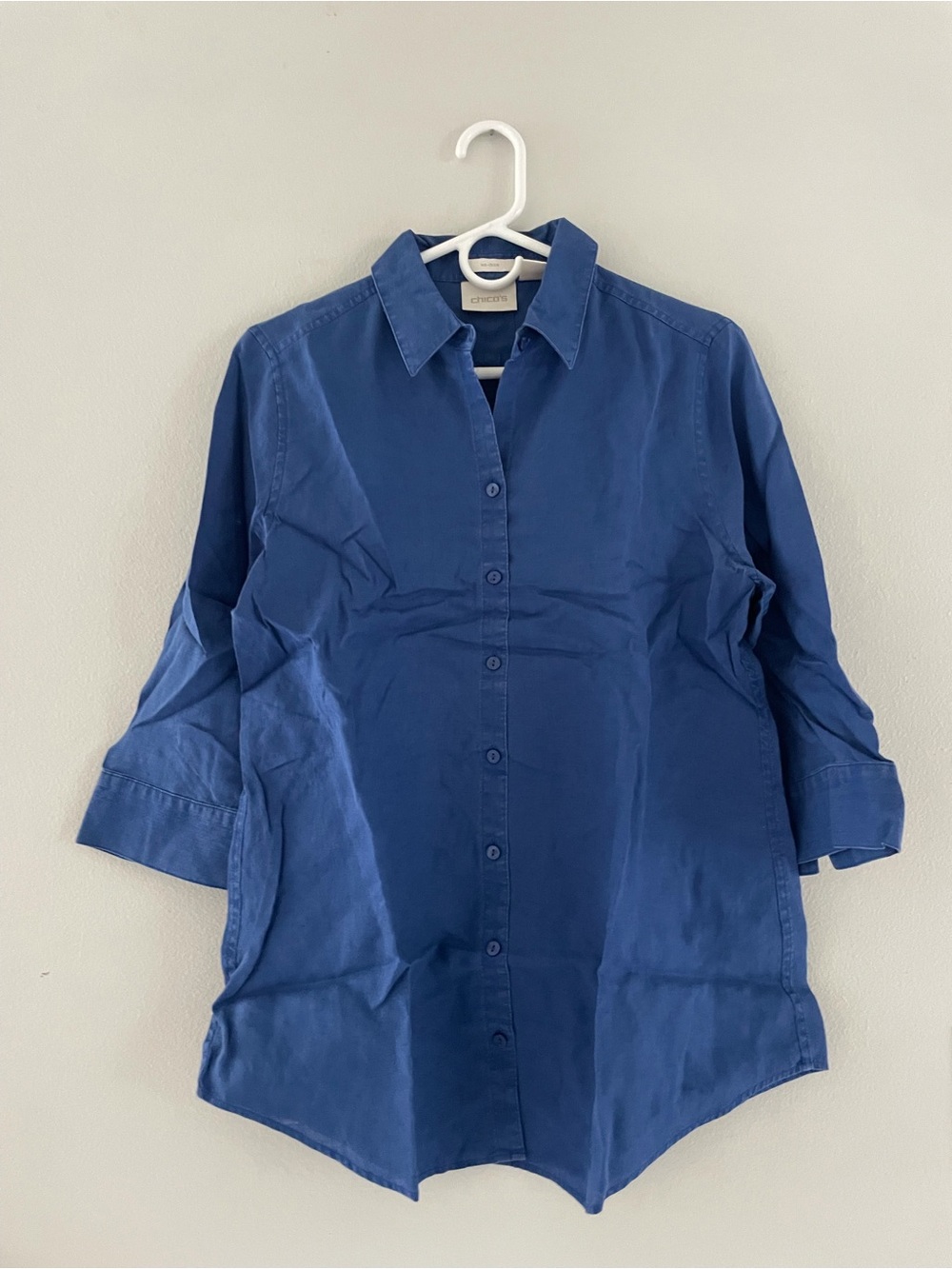Chico's Blue Linen 3/4 Sleeve Button Down Shirt